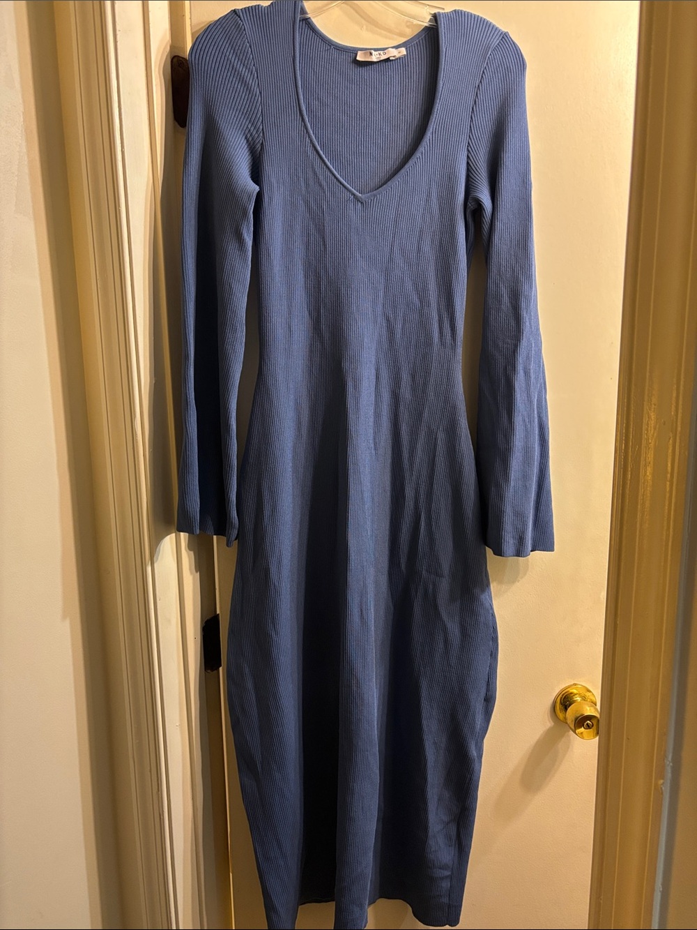 Classic Ribbed V-Neck Long Sleeve Dress in Periwinkle